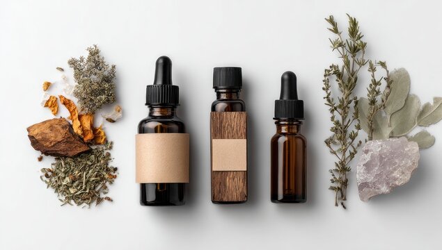 Amber glass bottles with kraft paper labels, surrounded by dried herbs, crystals, and wood