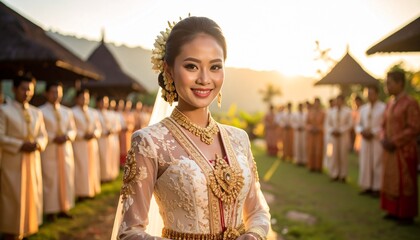 Radiant bride in ornate golden dress at sunlit wedding