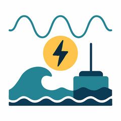 Ocean wave energy converter generating clean electricity with a lightning bolt symbol indicating power
