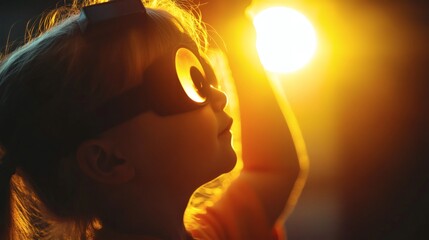 Child in superhero costume, profile view, illuminated by warm light.