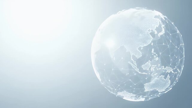 A glowing wireframe globe with visible continents on a bright background
