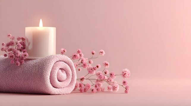 Relaxation essentials candle and towel arrangement in soft pink spa setting minimalist view