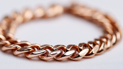 Close-up view of a rose gold chain bracelet, showcasing its links and design details.