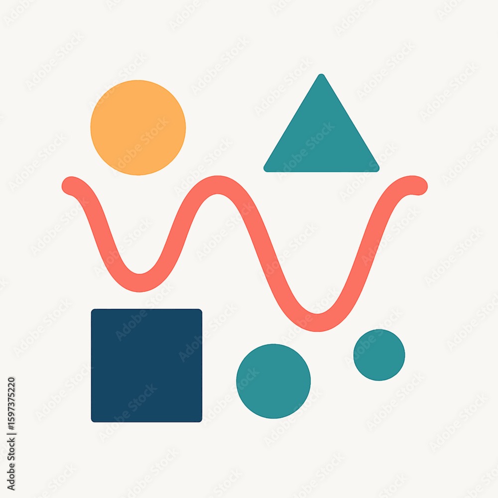 Poster abstract geometric shapes with wavy line and circles in modern design