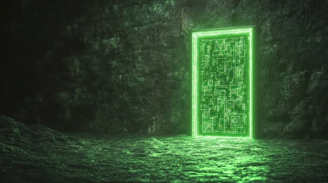 Mysterious green portal in a dark, ancient cave