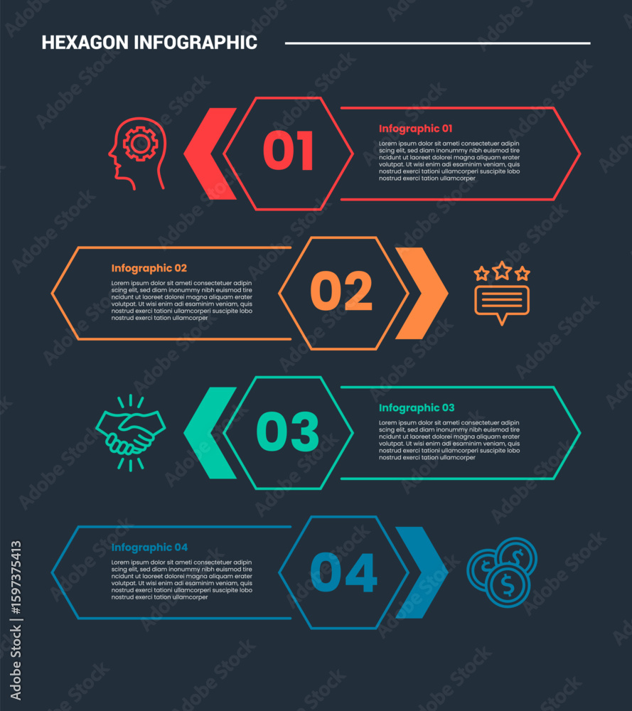 Poster hexagon base shape infographic process diagram with vertical stacked list with opposite direction wi
