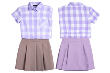 Lilac Checked Boxy Shirt and Pleated Mini Skirt Twinset on Transparent Background