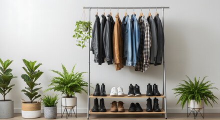Organized clothing rack with shoes and lush green plants in a bright room
