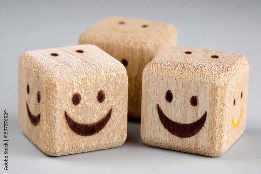 Aufkleber joyful wooden cubes with expressive smiley faces symbolizing happiness and positivity captured in a 