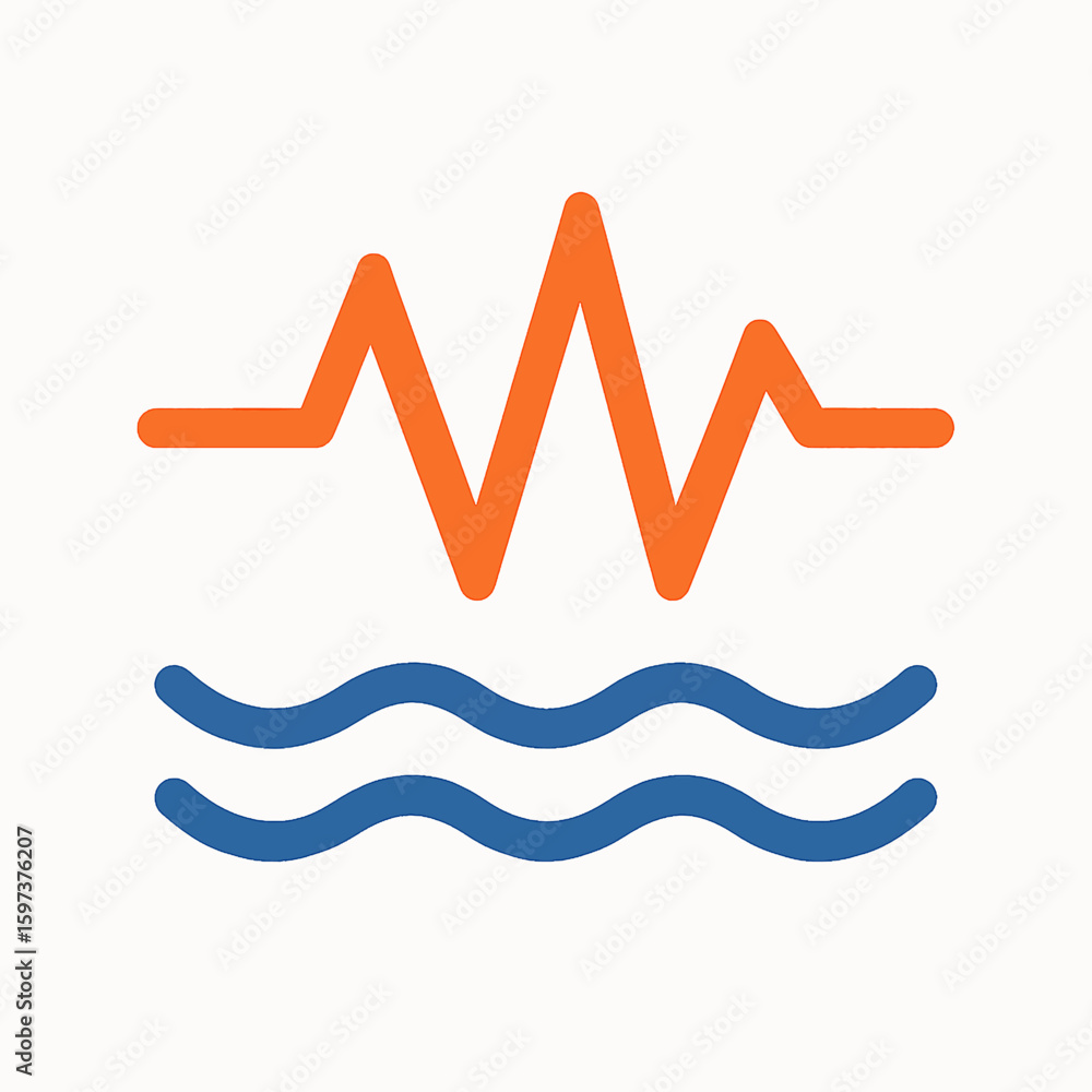 Poster waveform pulse above ocean waves symbol representing sound or data transmission over water