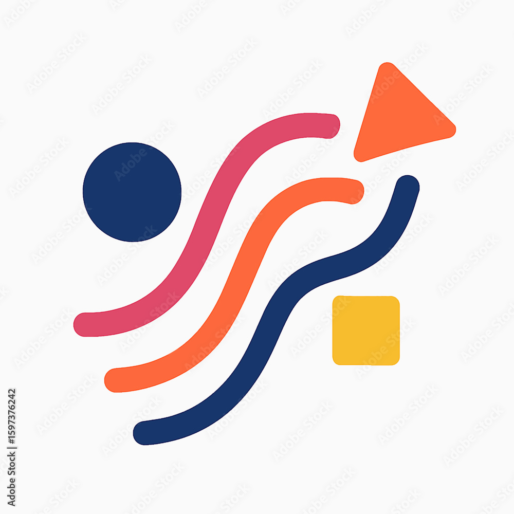 Poster abstract colorful lines and shapes forming an upward trend with a triangle arrow indicating progress