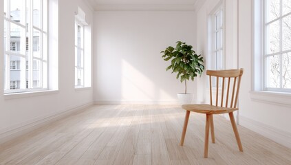 Empty white room with wooden chair and plant