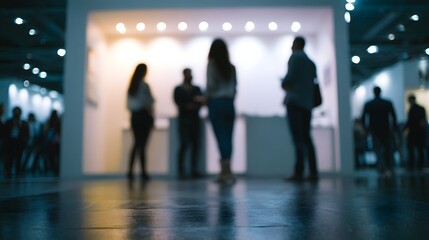Attendees setting up a booth at a trade fair event