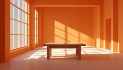 Fototapeta premium Empty orange room with wooden table. Sunlight streams through large windows