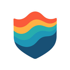 Colorful shield emblem with layered wavy lines representing growth and progress