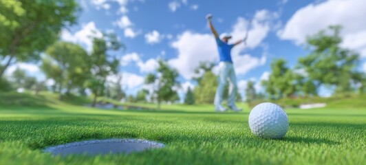 The golfer celebrates a successful shot on a sunny golf course.