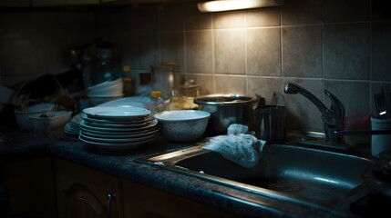 Messy kitchen with piled up dirty dishes in the sink
