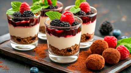 Photo-realistic image of elegant vegan dessert glasses filled with creamy white soy milk and coconut biancomangiare.