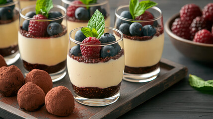 Photo-realistic image of elegant vegan dessert glasses filled with creamy white soy milk and coconut biancomangiare.