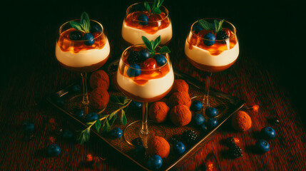 Photo-realistic image of elegant vegan dessert glasses filled with creamy white soy milk and coconut biancomangiare.