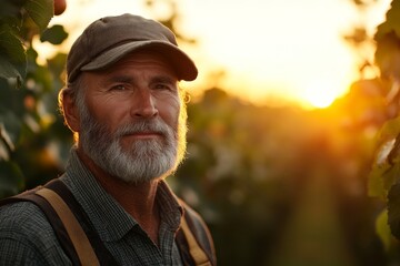 Front view of a mature farmer standing in an orchard at sunset, symbolizing hard work and dedication to agriculture with a sense of peace and accomplishment, Generative AI