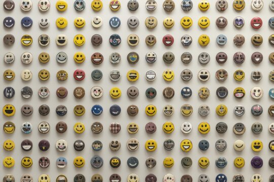 A captivating array of colorful smiley buttons representing joy and happiness displayed prominently in a creative collection of expressive emotions and playful nostalgia - Powered by Adobe