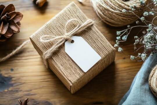 Rustic gift box with string and tag, a thoughtful present