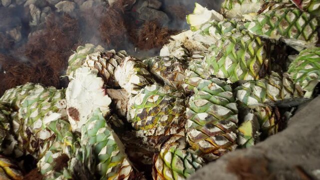 SLOW MOTION SHOT OF AN AGAVE OVEN AT A DISTILLERY IN OAXACA WITH SMOKE