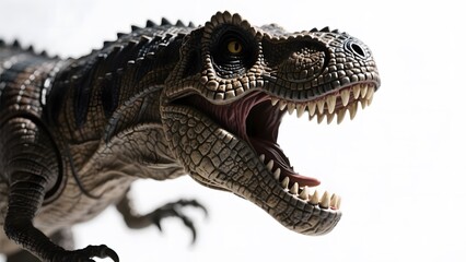 A detailed model of a roaring Tyrannosaurus rex with sharp teeth and textured skin.