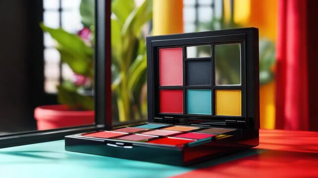 Colorful eyeshadow makeup palette cosmetic beauty product featuring vibrant red blue yellow black shades in sleek black case with natural light window plant background creating lively mood