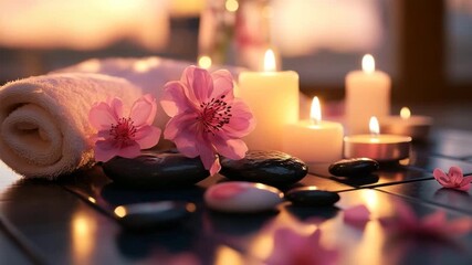 Soft towel with pink flower and black stones near burning candles creates warm relaxing atmosphere for spa wellness relaxation calm peaceful meditation session ambiance - Powered by Adobe