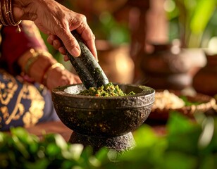 Herb preparation with mortar and pestle