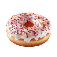 A glazed ring donut topped with multicolored sprinkles, showing a slight glaze drip