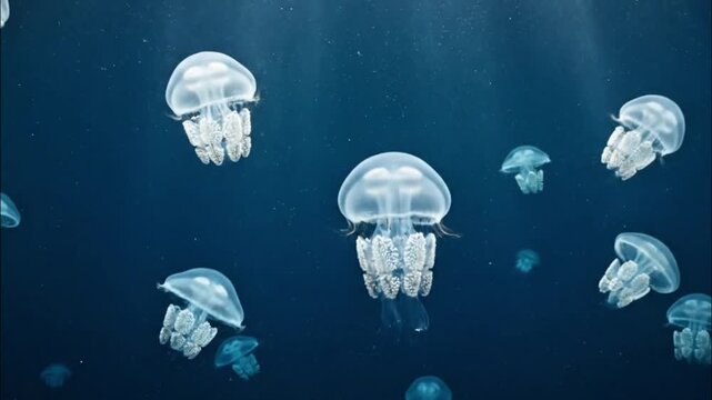 Group of Blue Jellyfish Swimming in Deep Ocean Water
