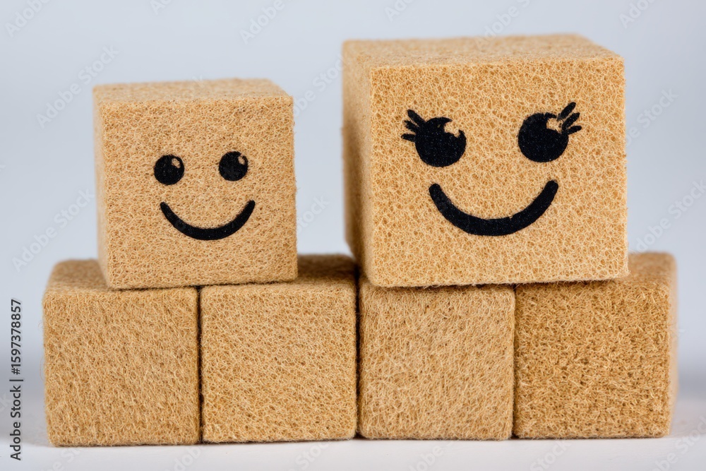 Poster compelling composition of joyful textured blocks with playful smiley faces presenting a unique visua