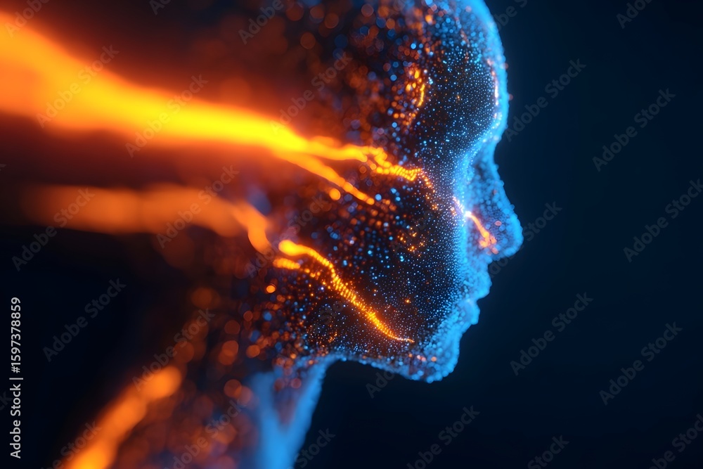 Poster glowing digital head made of particles and data streams
