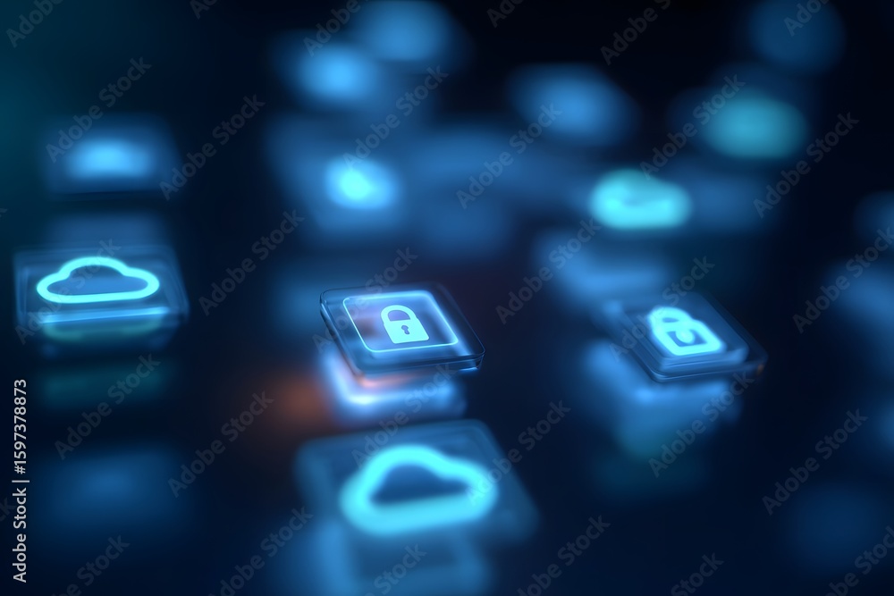 Poster glowing digital interface with lock and cloud icons