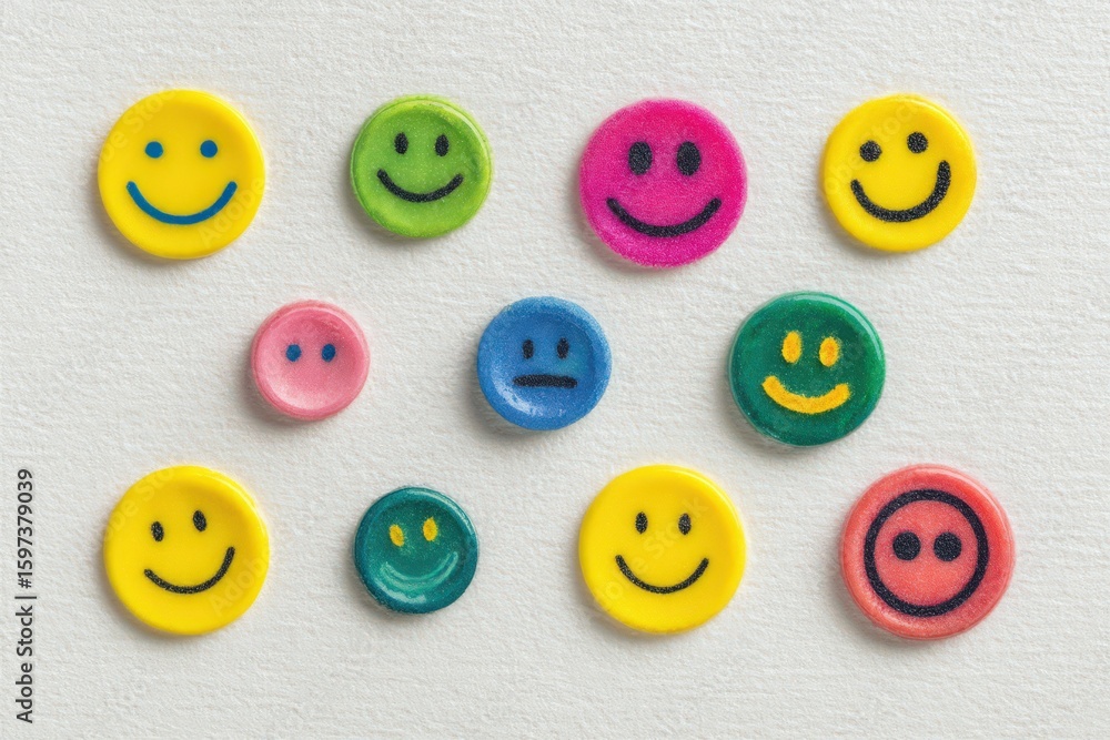 Poster diverse emotions represented through colorful smiley face stickers on textured paper creating a joyf
