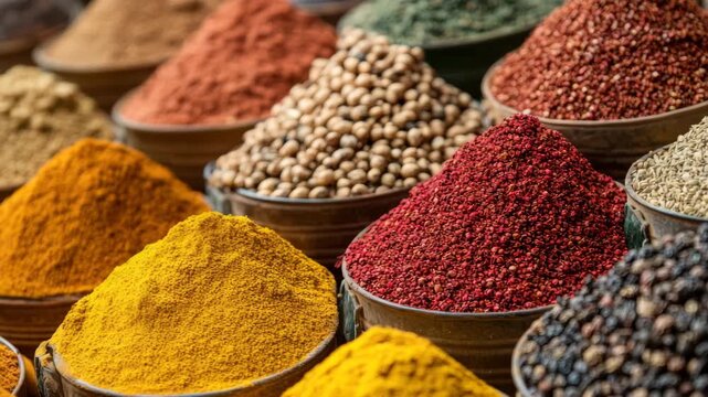 Colorful spice powder and seed bowls at vibrant market showcase aromatic textures with warm tones creating rich natural display full of lively exotic atmosphere and vibrant hues