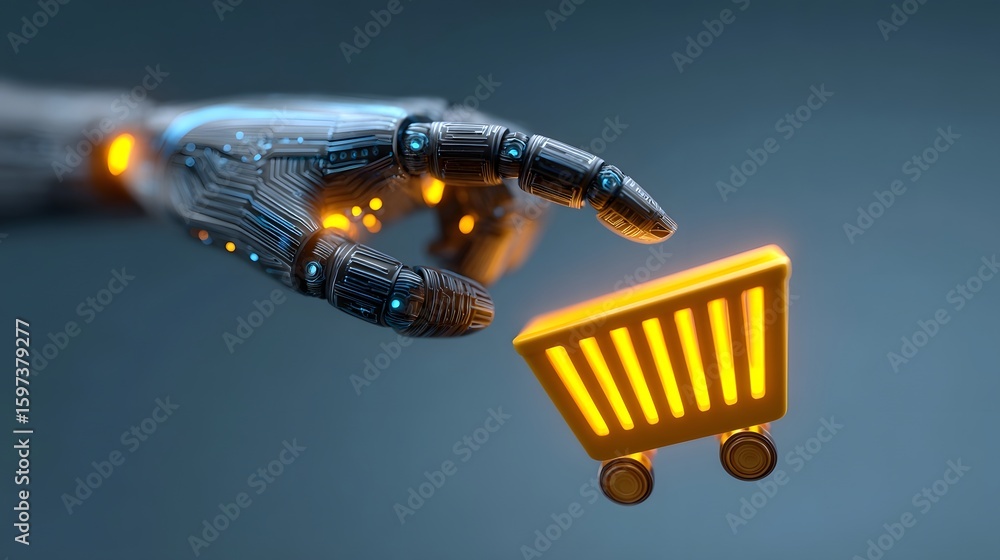 Aufkleber robotic hand placing item in digital shopping cart representing automation in fulfillment