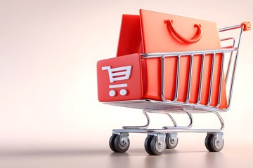 Red shopping cart icon and bag on white background