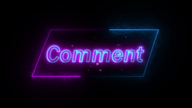 Interactive digital communication animation featuring neon text for live chat and streaming. Neon comment section animation with glowing purple blue text for social media interaction.