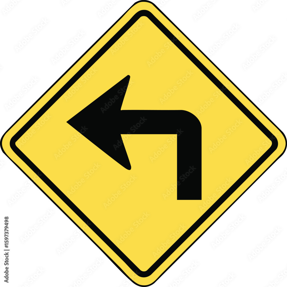 Poster yellow diamond shaped traffic sign with a black arrow indicating a sharp left turn isolated on trans