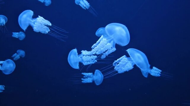 Group of Blue Jellyfish Swimming in Deep Ocean Water
