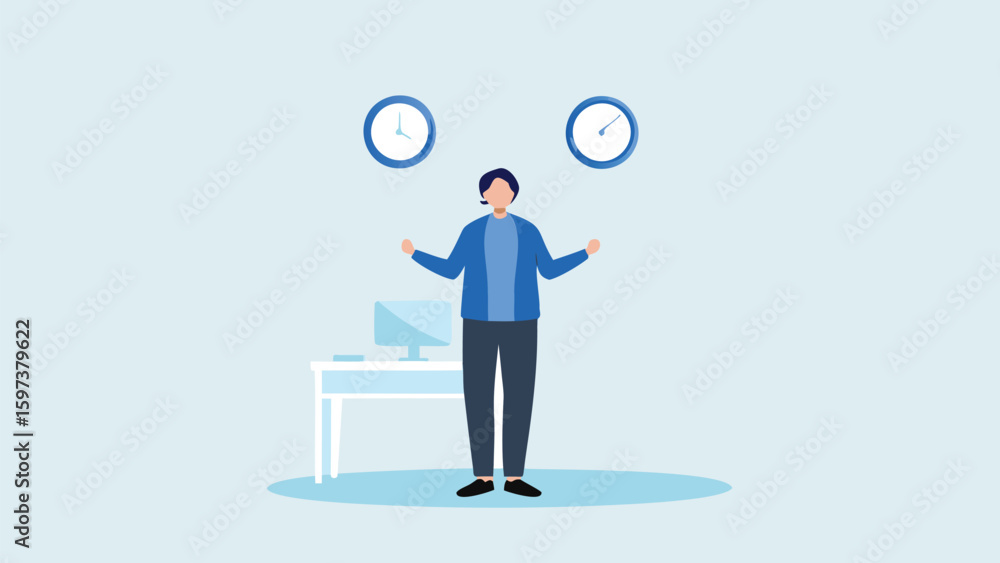 Aufkleber a person standing in an office with two clocks on the wall and a desk with a computer in the room
