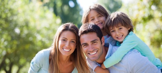 The happy family enjoying a sunny day outdoors with their children.