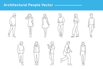 CAD Drawings. Set people outlines isolated on white background. Walking, standing etc. Vector illustration.	