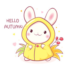 Hello autumn. Square card with kawaii little bunny in raincoat. Cute Baby rabbit in slicker of yellow color. Can be used for t-shirt print, sticker, seasonal greeting card. Vector illustration EPS8