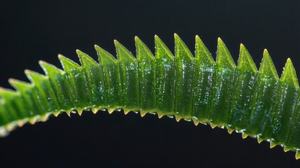 Close-up of a serrated plant leaf with water droplets.