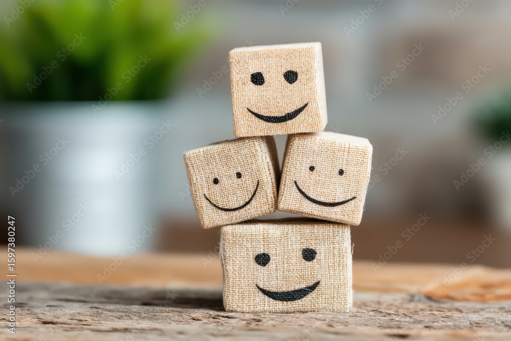 Poster playful stacked smiley face cubes on rustic wood background creating a joyful and inviting atmospher